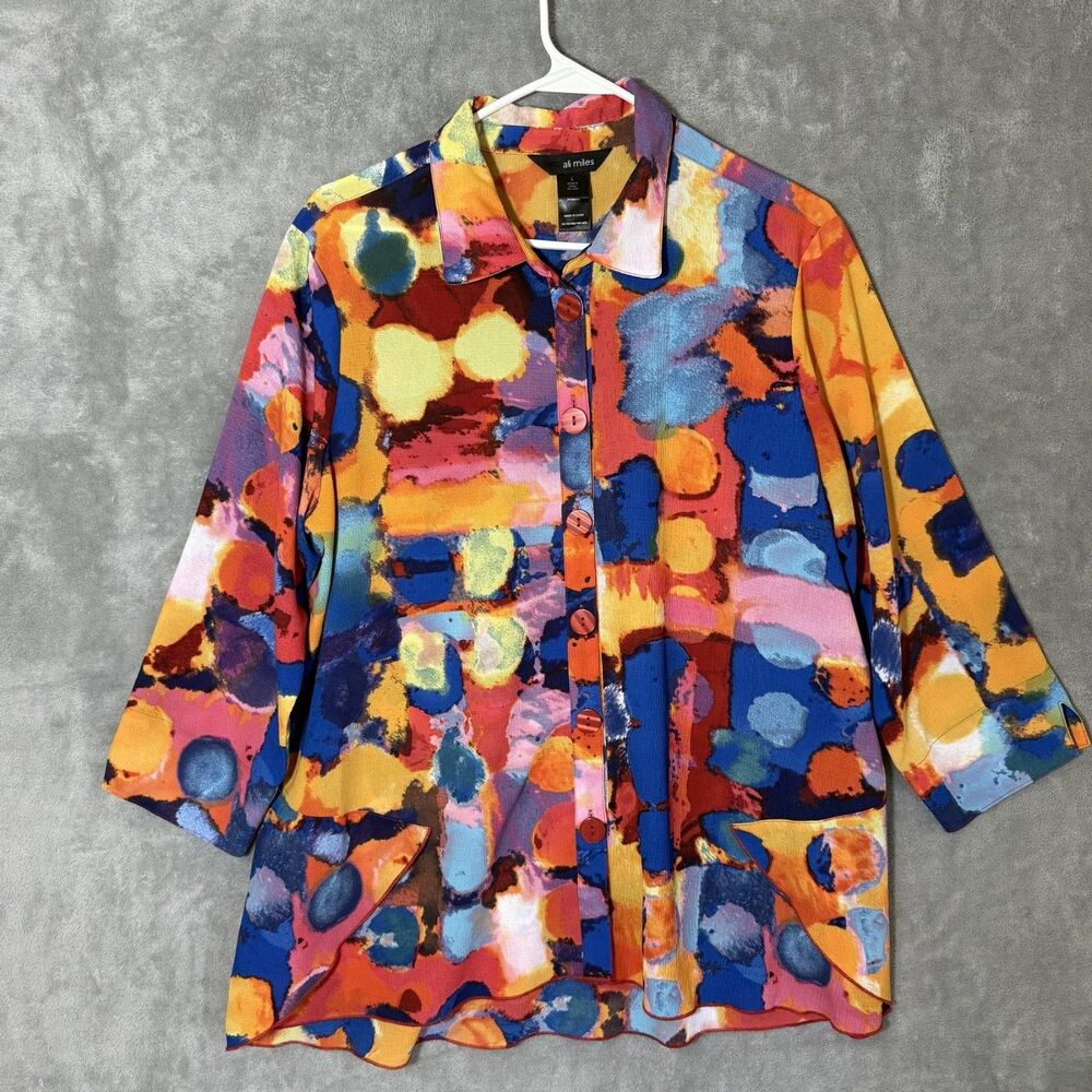 Ali Miles Women Large Multicolor Abstract Watercolor Button Front Tunic Top Art